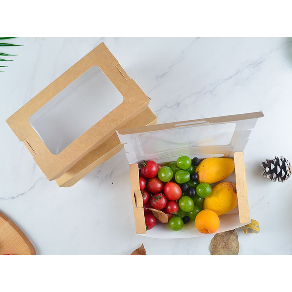50pcs Brown paper packing box disposable transparent skylight fruit salad container（760ml/970ml/1470ml).