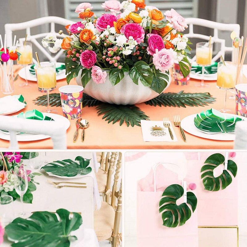 48PCS Jungle Beach Theme Decorations Artificial Palm Leaves & Turtle Leaf Fern Plant with Stem for Hawaiian Party