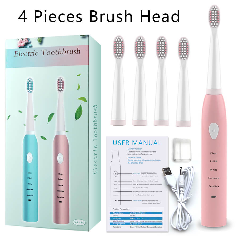 Eltandborste uppladdningsbar dental scaler tandblekningsrengöringslåda bärbar hem ultraljudsborttagare fläckar tandläkare borste: Rosa med 4 huvuden