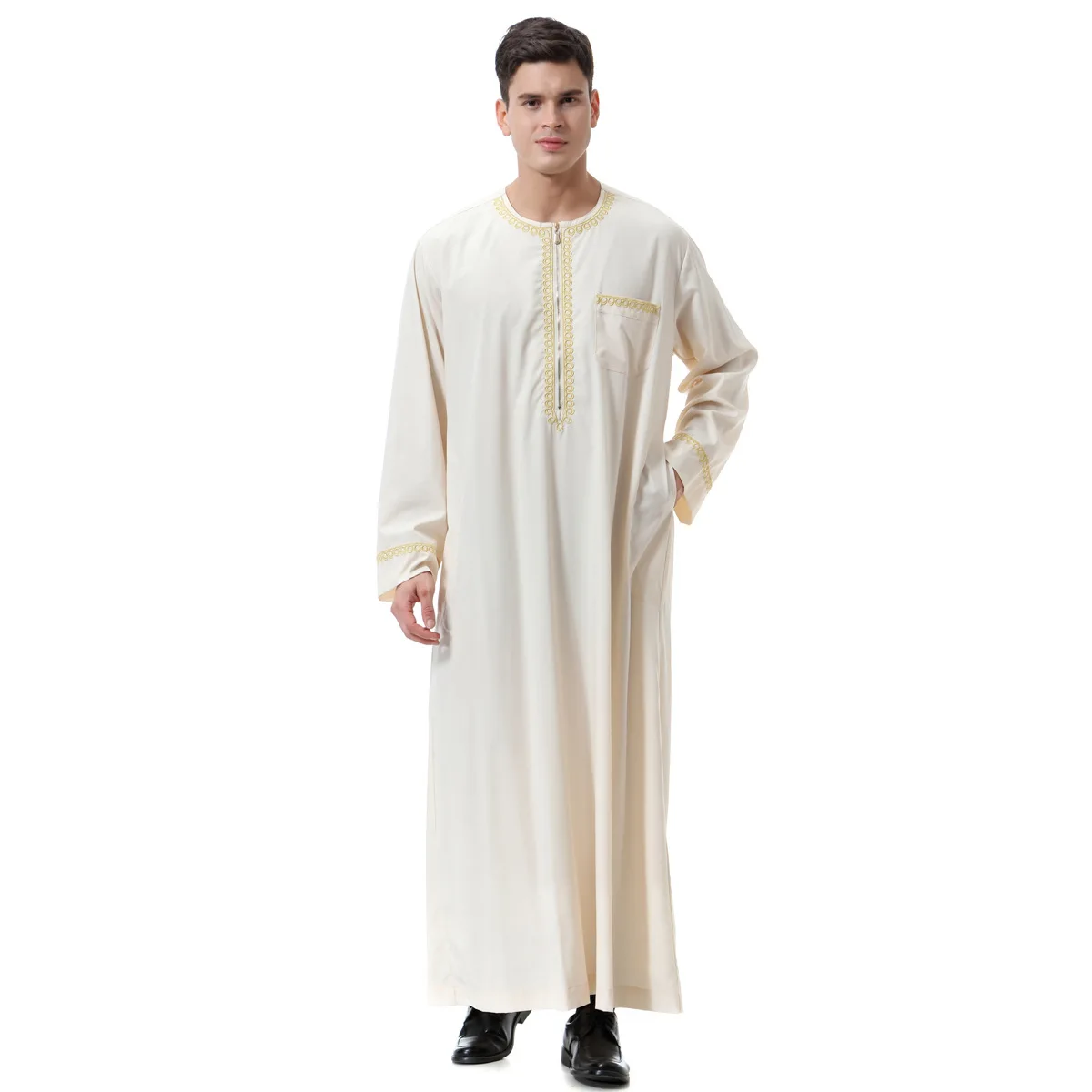 Moslim islamitische Kleding Mannen Jubba Thobe print rits Kimono Lange Gewaad Saudi Musulman Dragen abaya caftan Islam Dubai Arabische Dressing: L / Bruin