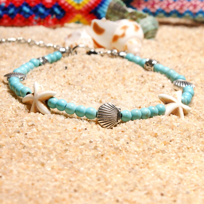 Lune fille 2 pièces coquille perles étoile de mer bracelets de cheville pour les femmes Double couche cheville jambe Bracelet à la main bohème fille bijoux directe