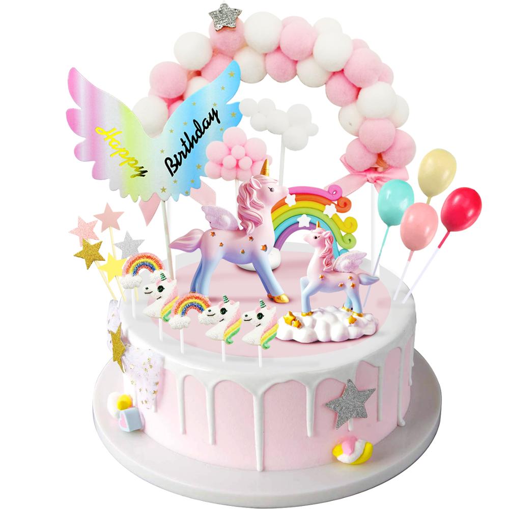 Eenhoorn Cake Top Hoed, Verjaardag Taart Decoratie, 1 Roze Bont Bal Boog 1 Regenboog 1 Gelukkige Verjaardag Banner 2 Wolken 4 Ballonnen 10 St