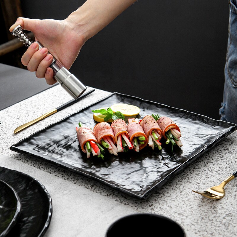 Japanese Ceramic Stone Pattern Black Glaze Dinner Plate Steak Salad Plate Home Dessert Sushi Square Dish Restaurant Tableware