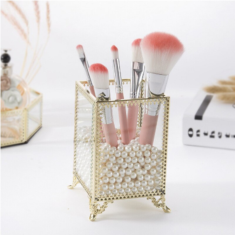 Caja de cristal para brochas de maquillaje, organizador de escritorio para joyería, Cubo de lápiz, caja de almacenamiento de cosméticos, barril de perlas, ZM827