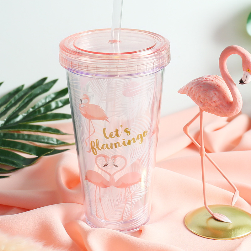 Flamingo plastik kopper med halm drinkware tegneserie drikke beholder dobbelt væg kaffe te mælk juice vand kop krus