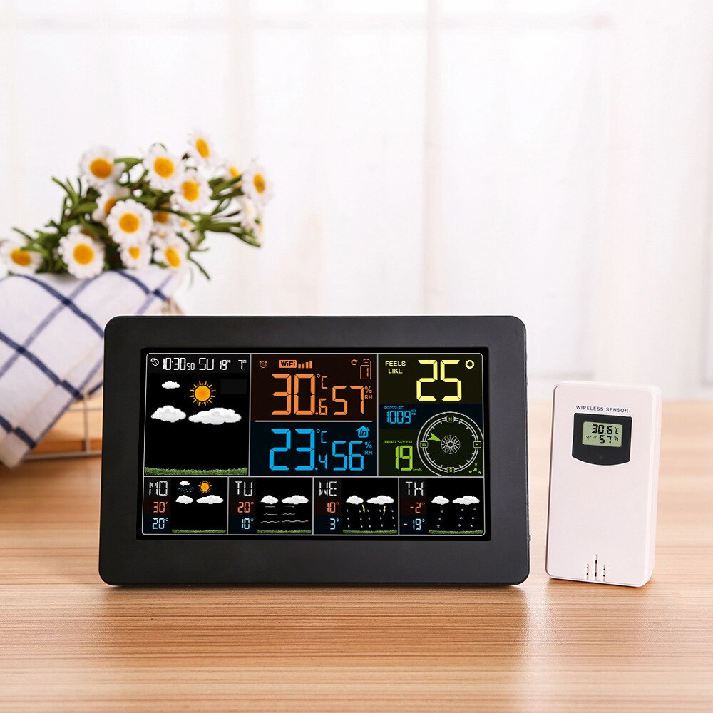 Fanju  w4 wifi klokke fuktighet trykk værmelding digital vekkerklokke temperatur med trådløs sensor