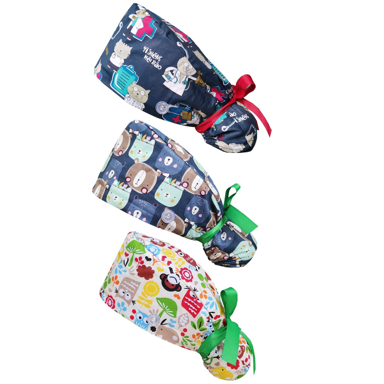 25# 3PC Unisex Adjustable Working Nursing Cap gorro quirófano Button Long Hair Sweatband Hat nurse Cap Cartoon print Gourd hat