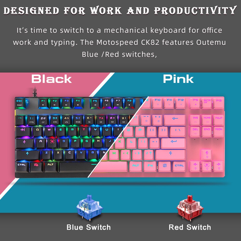 Oryginalna mechaniczna klawiatura gamingowa Motospeed CK82 USB przewodowa 87 klawiszy z podświetleniem RGB czerwony/niebieski przełącznik dla komputer stancjonarny Gamer