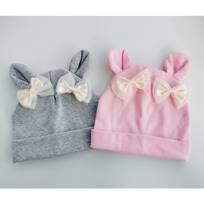 Babymutsje met konijnenoren, katoenen muts met oren, vlinderknoop, melamine strik, meisjesgebreide muts voor meisjes, kinderen