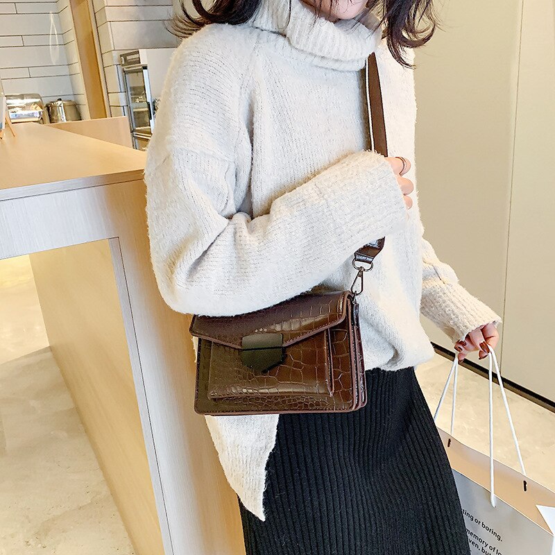 Stone Pattern Handbag Ladies Small Simple Style Shoulder Bag Vintage Wide Shoulder Strap Messenger Bags Wallet