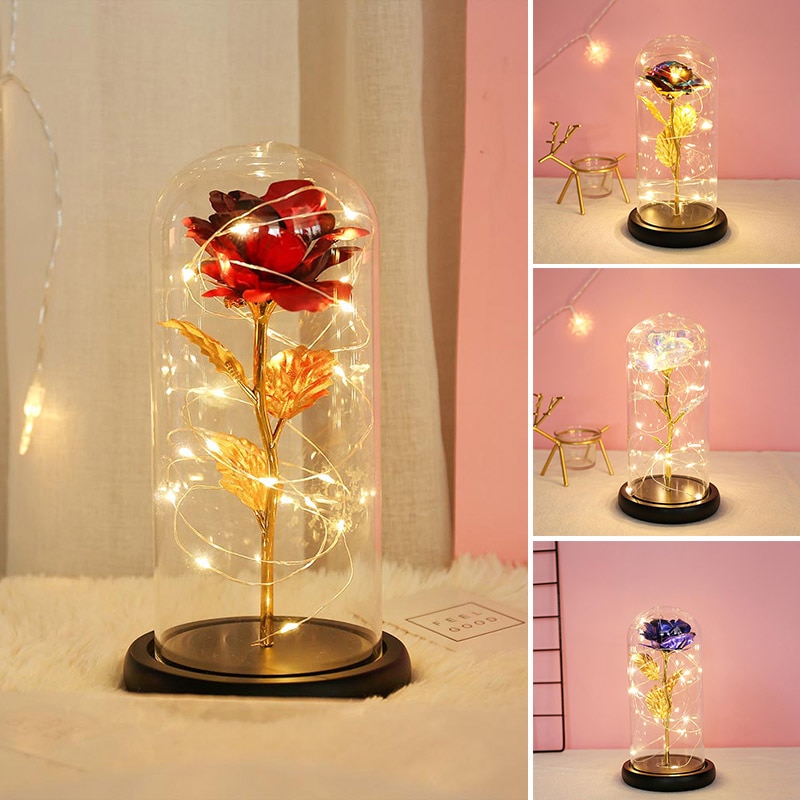 Artificial Eternal Rose LED Light Beauty The Beast Rose Flower In Glass Dome Wooden Base For Decorate Valentine's Day