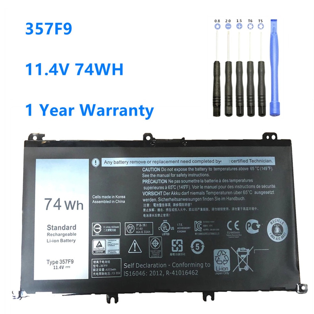 357F9 Laptop Battery For Dell Inspiron 15 7559 7000 7557 7567 7566 5576 5577 P57F P65F INS15PD-1548B Battery 357F9 11.4V 74WH