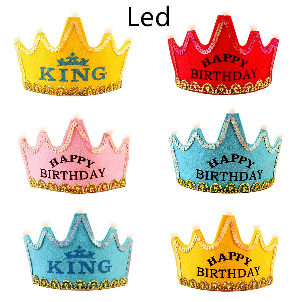 LED King Princess Happy Birthday Felt Crown Hats Baby Shower Boy Girl Birthday Party Headband Decorations Supplies