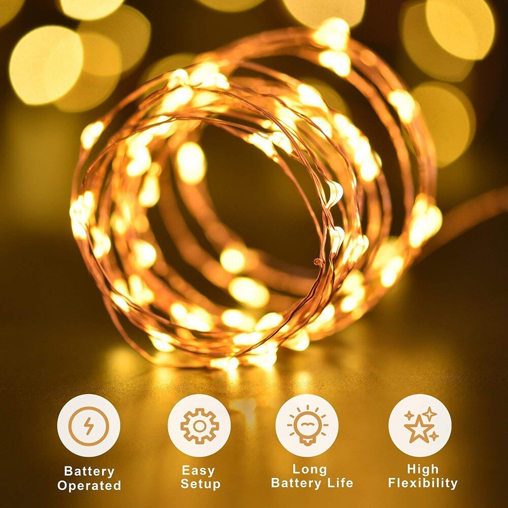 Guirlande lumineuse à piles, 10M 100 LED, fil de cuivre Transparent, Micro LED, pour fête de noël, fête de mariage, extérieur