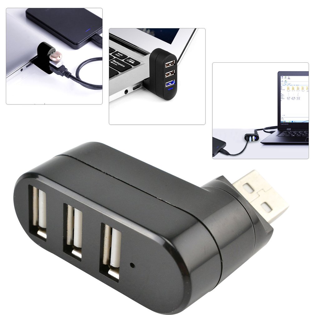 Compact Size High Speed USB2.0 Hub Black Mini USB 3 Port Rotate Splitter Adapter Hub for PC Laptop Expansion USB 2.0