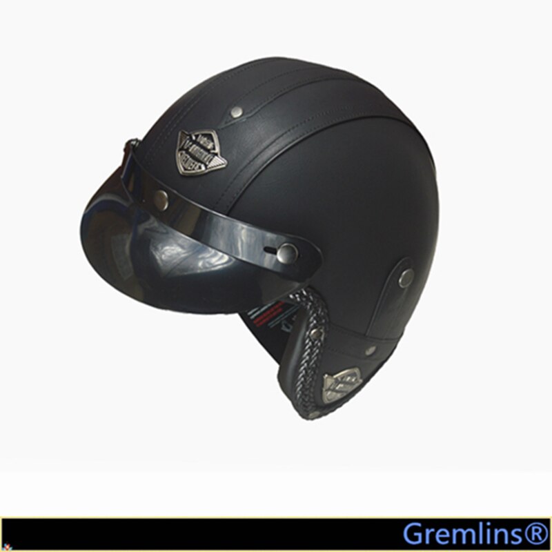 Zwart Volwassen Open Gezicht Half Lederen Helm Moto Motorhelm Vintage Motorrijwiel: Without mask / XXL