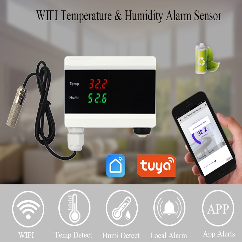 Tuya wifi temperatur termometer luftfugtighed hygrometer detektor alarm sensor smart life app hjem termostat controller