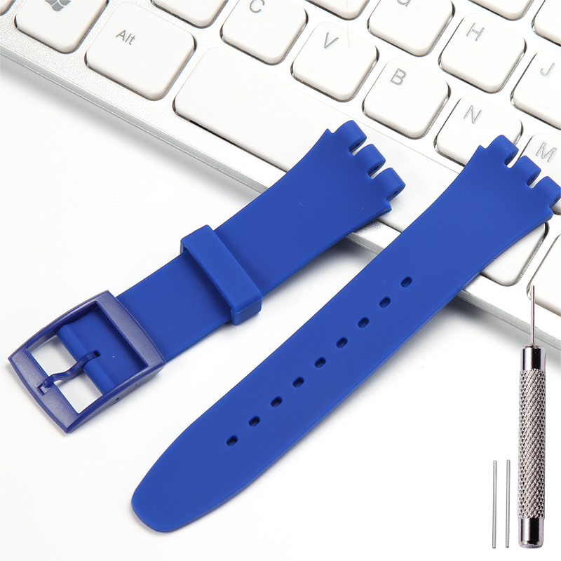 Correa de reloj de silicona de 17 19 y 20mm adecuada para correa de reloj SWATCH, correa de repuesto suave para mujeres y niños, pulsera impermeable con herramienta: Luz Azul / 17 mm