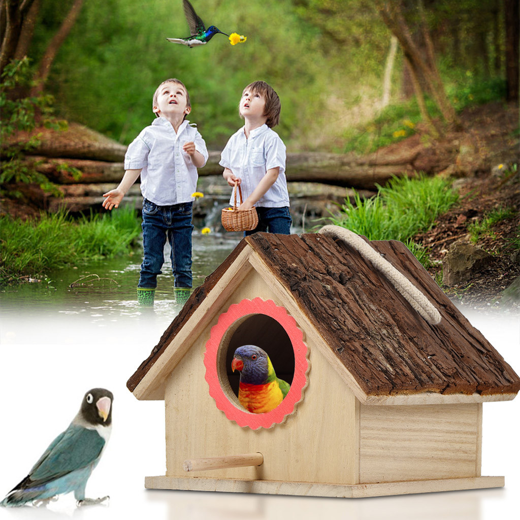 Bird Hanging Cave Cage Large Bird House Hanging Standing Birdhouse Wooden Bird Nests House Outdoor Garden Decor Pet Supplies