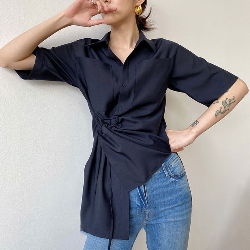 TWOTWINSTYLE Asymmetrical Women Shirt Lapel Collae Half Sleevel High Waist Irreguar Ruched Blouse For Female Clothes: navy / M