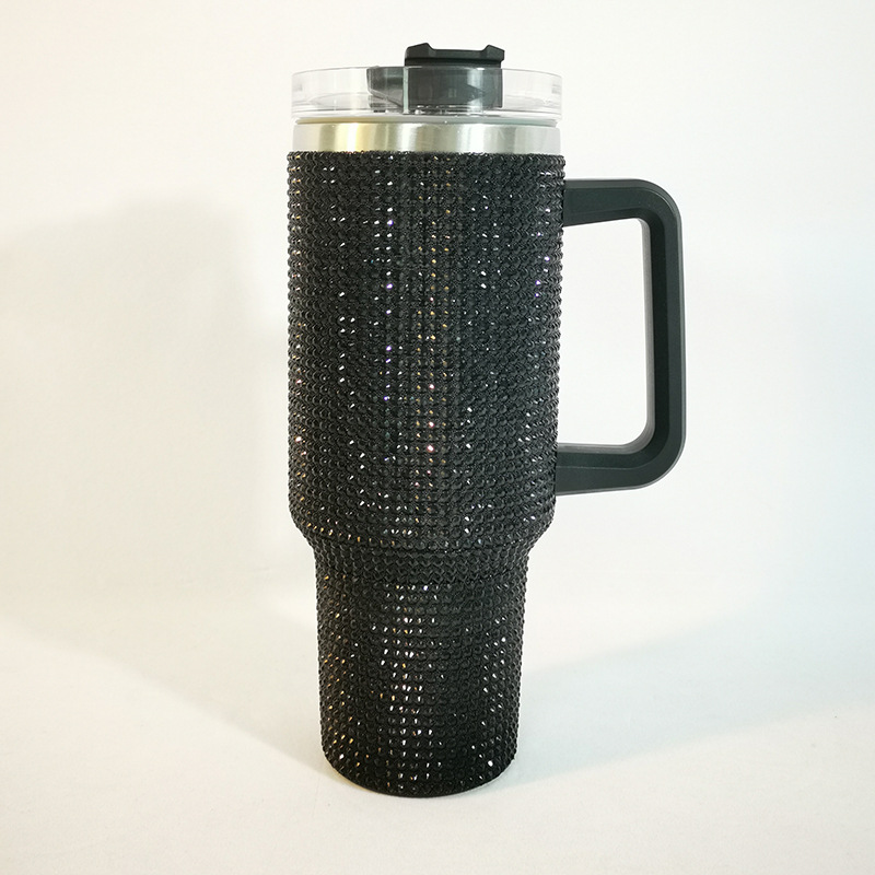 Taza Termo de diamante de 40oz con asa, botella aislada de café al vacío de acero inoxidable 304, frascos portátiles para coche: Negro