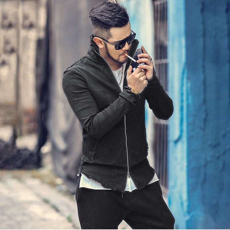 Jesienno-zimowa nowa rozciągać dżinsowa myte surowe selvedge męska dopasowana obcisłą marynarka męska stojący kołnierz kurtka f8298