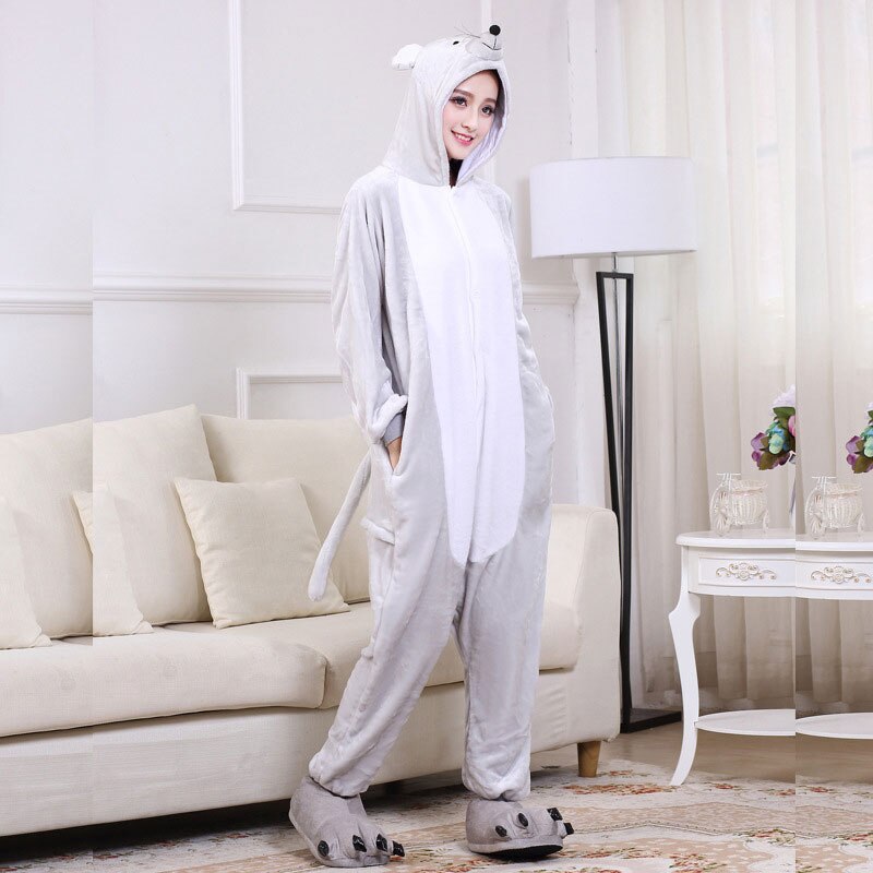 Mouse Pajama Women Animal Kigurumis Gray Onesie Funny Sleepwear Halloween Party Jumpsuit Good Flannel Soft Warm Overalls: XL(Height 174-183CM)