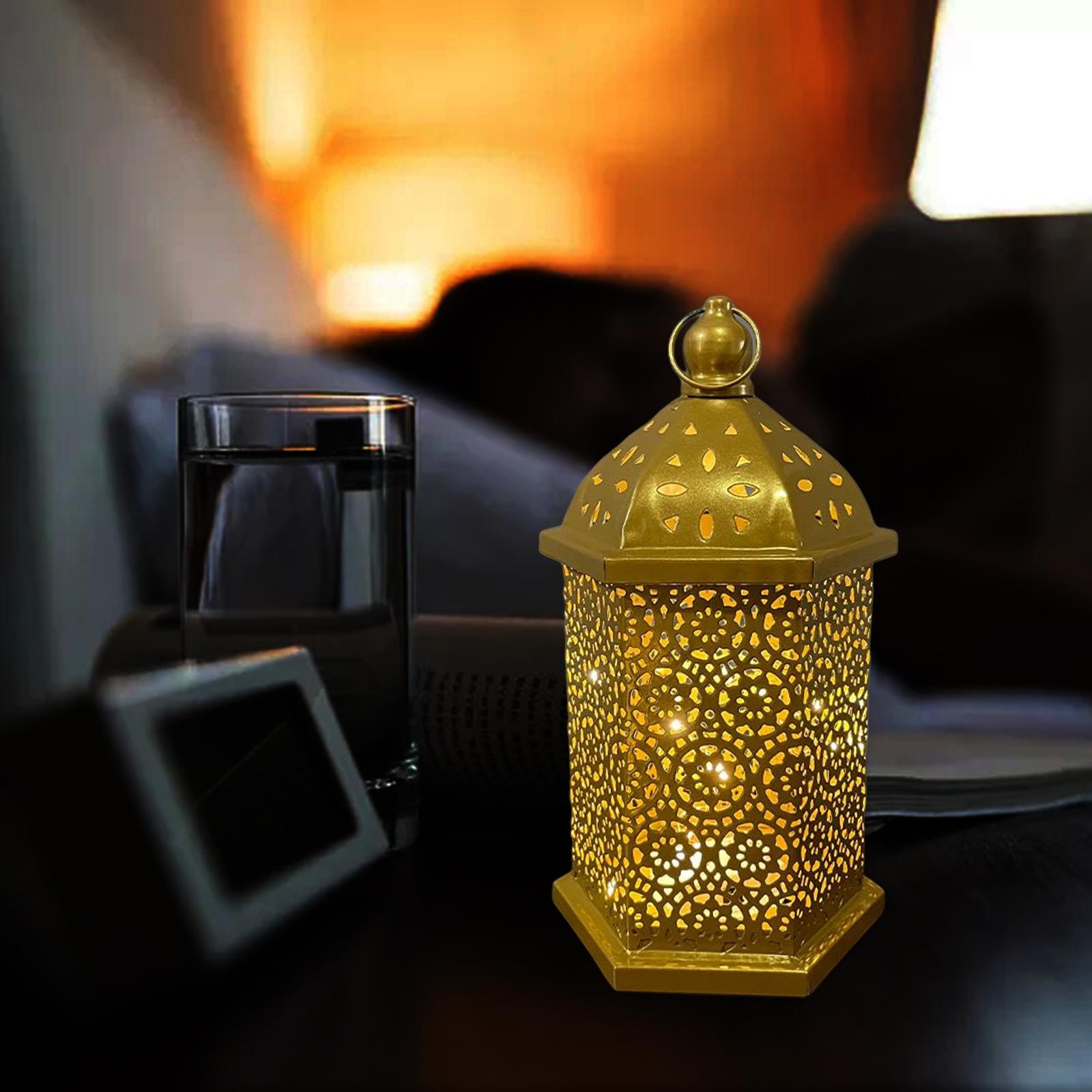 Hollow Carved Lantern Light Wrought Iron Decorative Lamp Battery Powered Atmosphere Light Desk Lamp for Festival Home Decoration: Golden 26.8x15cm