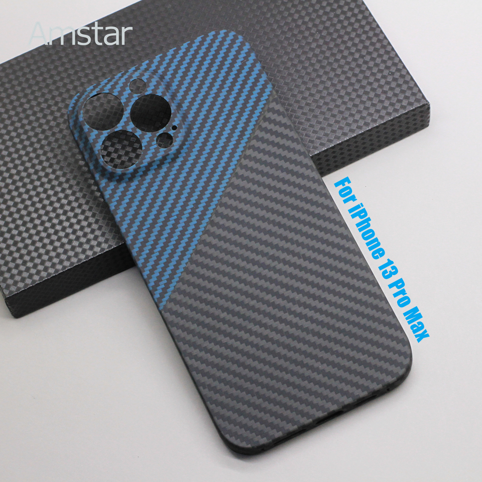 Amstar Blauw-Zwart Carbon Lens Wrap Telefoon Case Voor Iphone 13 Pro Max 13 Pro Ultra-Dunne Aramid Fiber Hard Cover