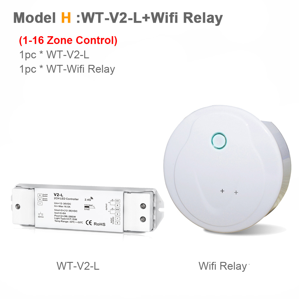 LED Dimmer Switch CCT 12V 24V 36V RF Wireless 2.4G Remote Smart Wifi 2CH WW CW LED Controller for CT Single Color LED Strip V2-L: Model H