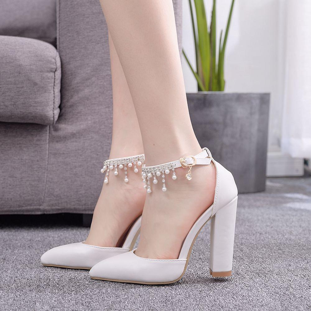 Zapatos de tacón con hebilla de cristal Queen para mujer, sandalias de plataforma sexys con perlas y diamantes de imitación, color blanco