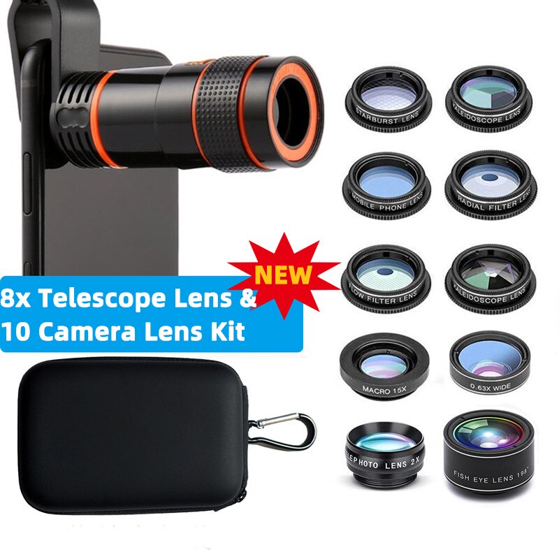 10 in 1 mobiltelefon kamera linsesæt til iphone x  xs 11 6 7 8 vidvinkel makro smartphone fiskeøje zoom teleskop universal: 8 x 10 i 1