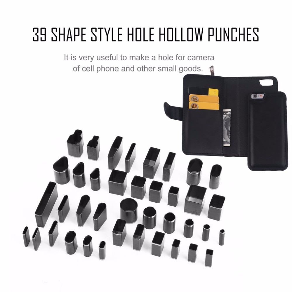 39 stk / sæt 39 form stil hul hul cutter punch metal cutter punch sæt håndlavet læder håndværk diy værktøj til telefonhylster