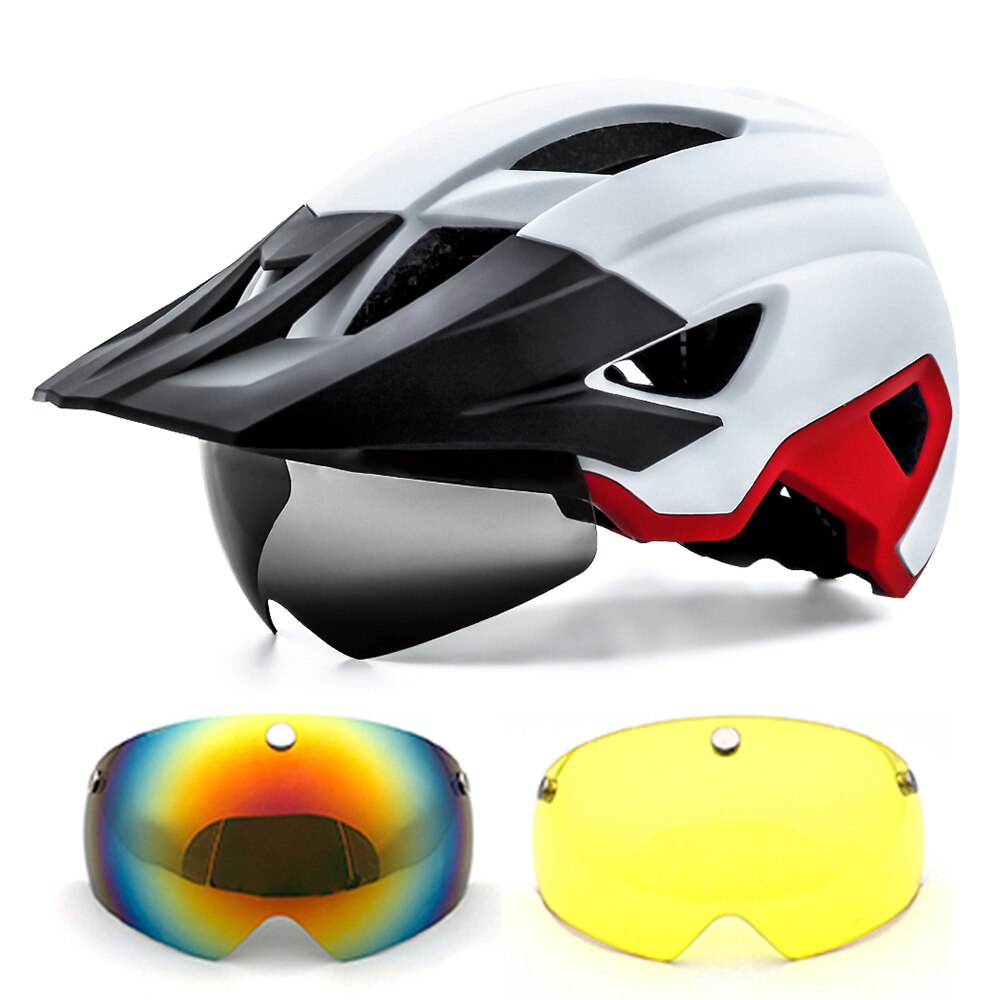 Mtb Helm Fietsen Mannen Vrouwen Rijden Met Achterlicht En Zonneklep Goggles Xc Weg Mountainbike Helmen Met Lens casco Ciclismo: White Red-2