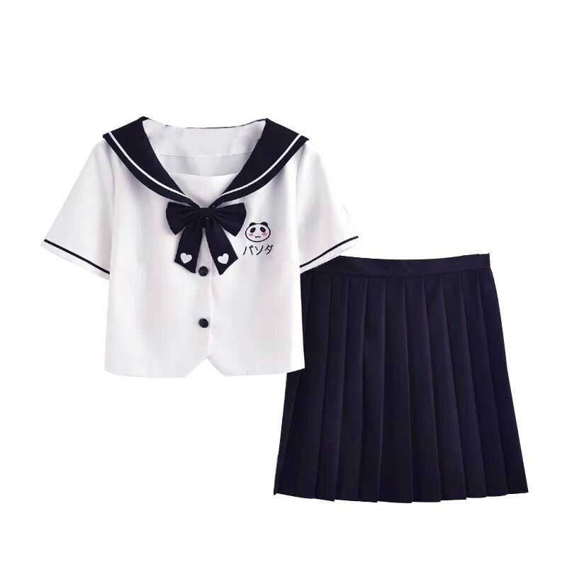 Japanese JK Uniforms College Cute Panda Embroidery Short-Sleeved Tops Pleated Skirt Suit Female Summer school girl uniform