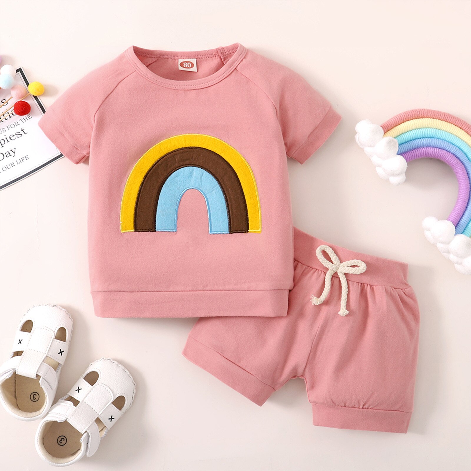 Peuter Baby Meisje Sets Regenboog T Shirt Korte Mouwen 0-Hals Effen Shorts Outfits Zomer Kids Baby Baby meisje Kleding