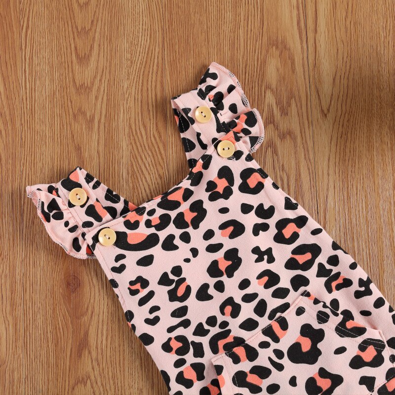 Infantile enfants bébé imprimé léopard combinaison, enfant en bas âge garçon fille sans manches col carré bouton bretelles pantalons longs barboteuse avec poche