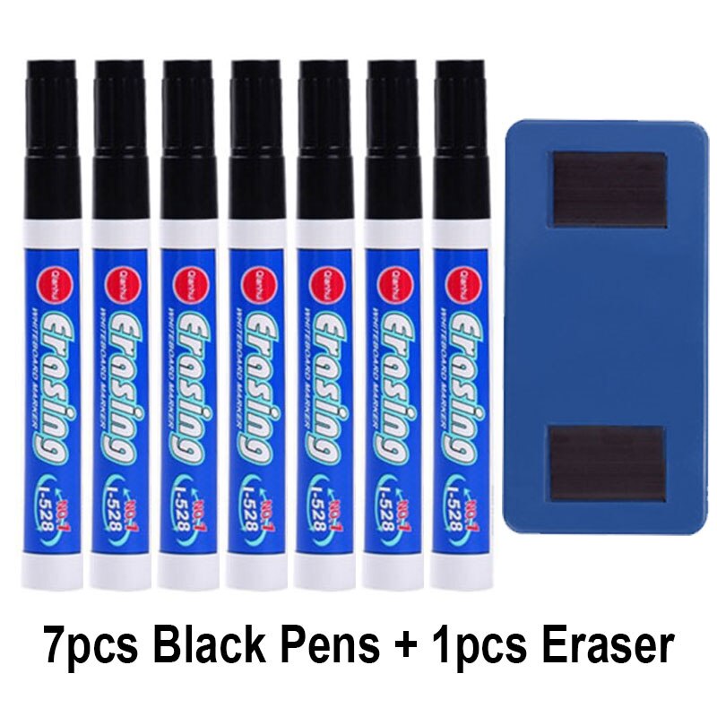 Stylo marqueur effaçable pour tableau blanc, grande capacité, bleu, vert, rouge, bleu, blanc, fournitures de bureau: 7 Black Pen 1Eraser