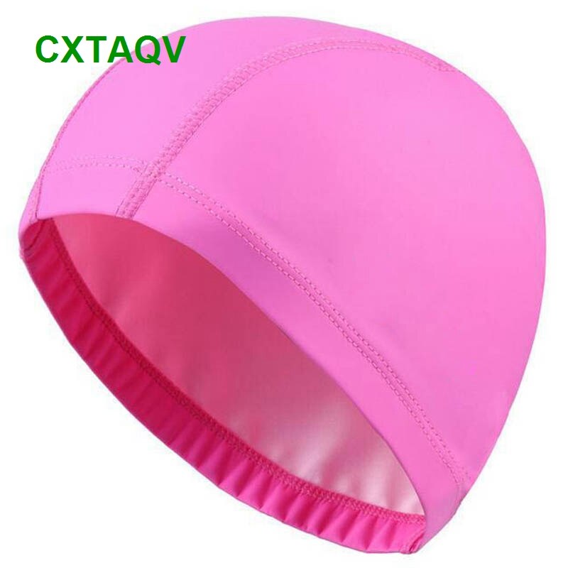 Comfortable Fit Adult Men Women Blank Swimming Cap Elastic Waterproof PU Fabric Protect Ears & Long Hair Swim Pool Hat: Rose Red