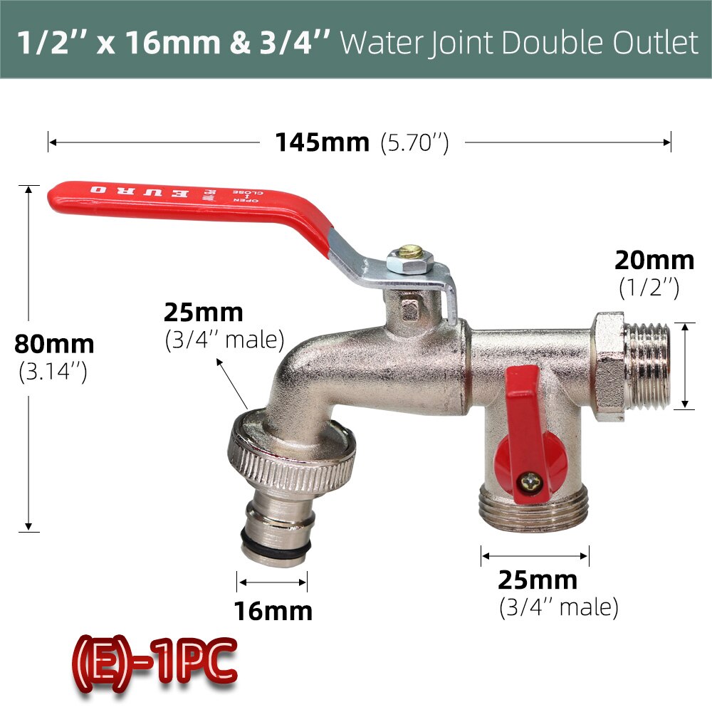 Brass Tap Joint 1/2'' IBC Water Tank Connector 2-Way 1-Way Garden Hose Irrigation Faucet Adapter Replacement Fitting Ball Valve: E-1PC