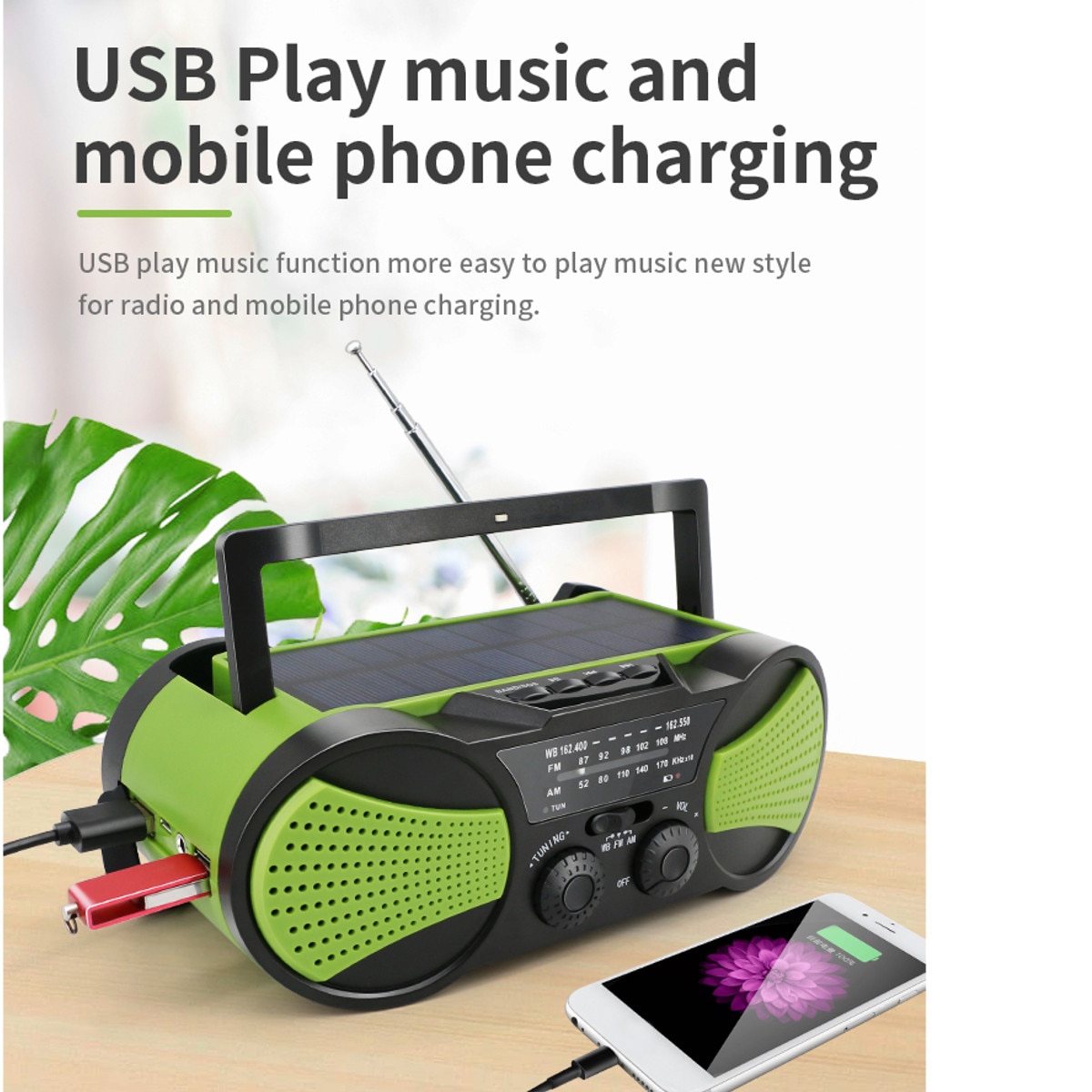 Solar Power Portable Radio 2000mAh Rechargeable WB Crank Emergency Power Bank Hand Crank Self Powered AM/FM Weather