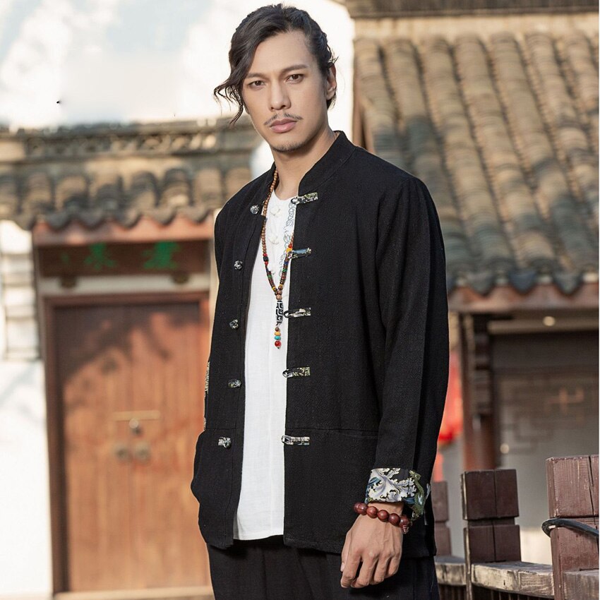 Ropa tradicional china para hombres, camisa bordada de dragón de Kung Fu Hanfu, botón de manga larga, Estilo negro, de talla grande, ocio
