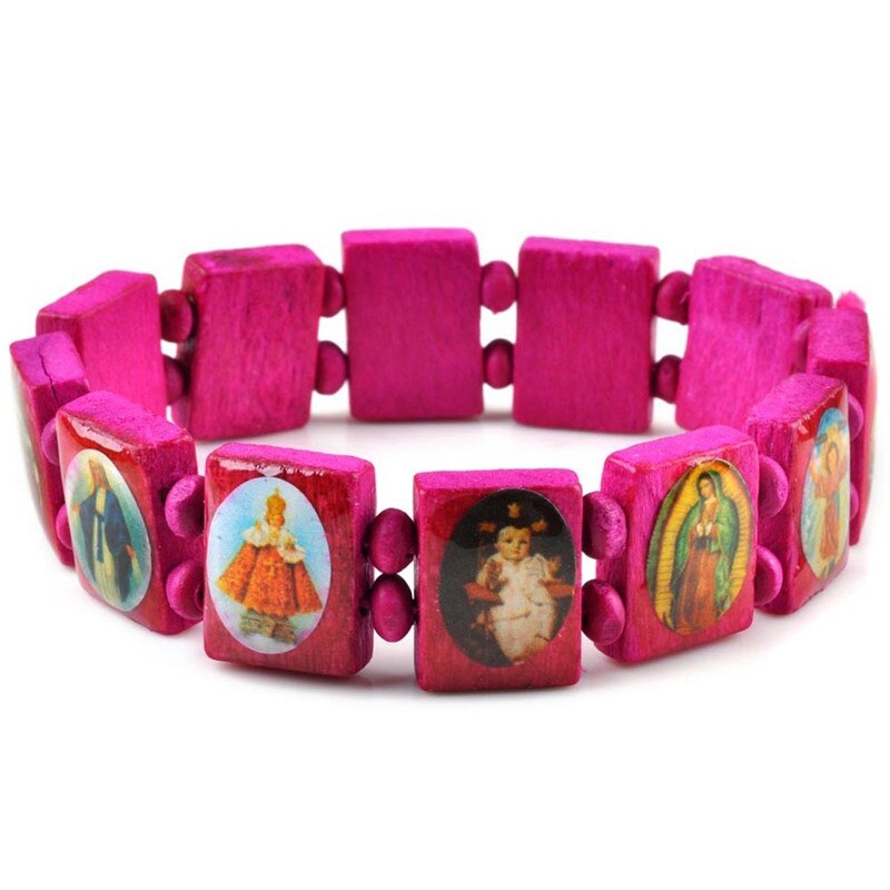 5pcs/Lot Children Bracelets Boy Girl Wooden Jesus Saints Rosary Religious Bracelets Bangles Jewelry: C