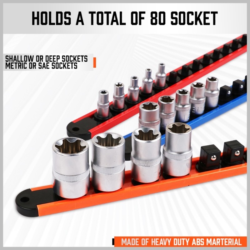 6 Pcs Mountable Socket Organizers Rail 1/2 3/8 1/4 Drive Socket Set Container Multi-tool 80 Holes ABS Garage Storage Tools Set