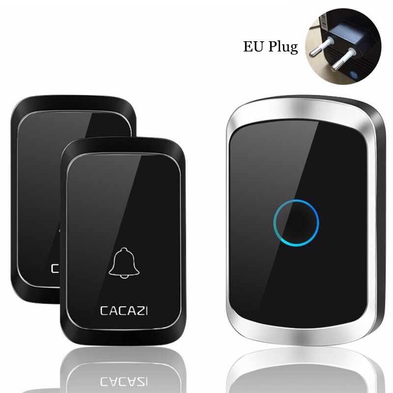 CACAZI Intelligent Wireless Doorbell Waterproof 2 Button 1 Receiver Home LED Light Battery Calling Bell Chime US EU UK AU Plug: black 2x1 EU