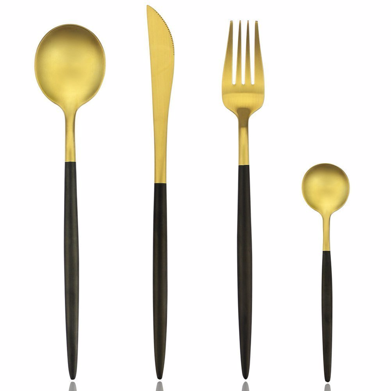 Luksuriøst 4 -delt mat sort håndtag og guld rustfrit stål bestiksæt, inkluderer knivgaffelske