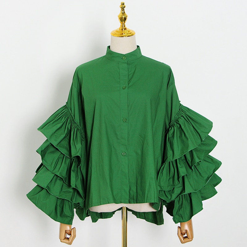 TWOTWINSTYLE Casual Patchwork Ruffles Women Shirt Stand Collar Lantern Long Sleeve Loose Blouse For Female Clothing Spring