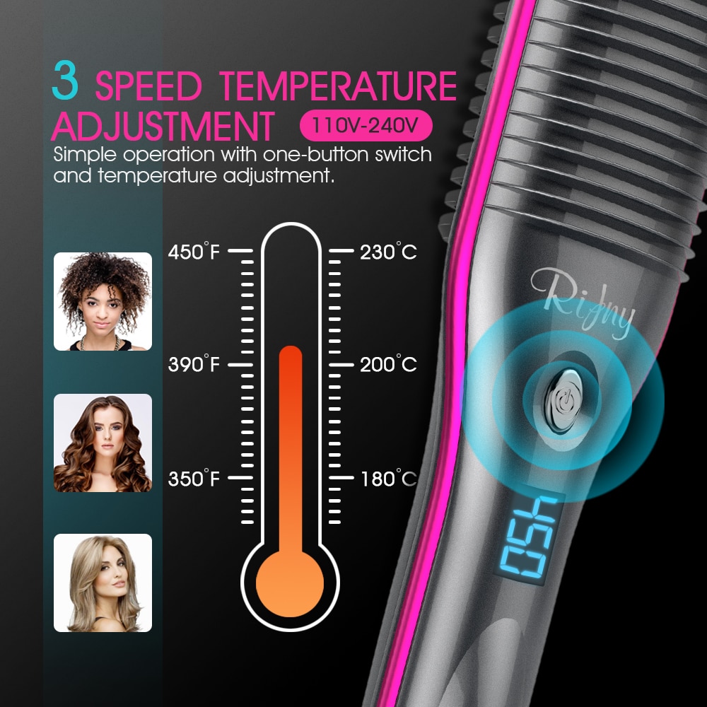 Hair Straightener Brush, Rifny Heated Straightening Comb with Anti Scald Auto Temperature Lock , 30S Fast Ceramic Heating