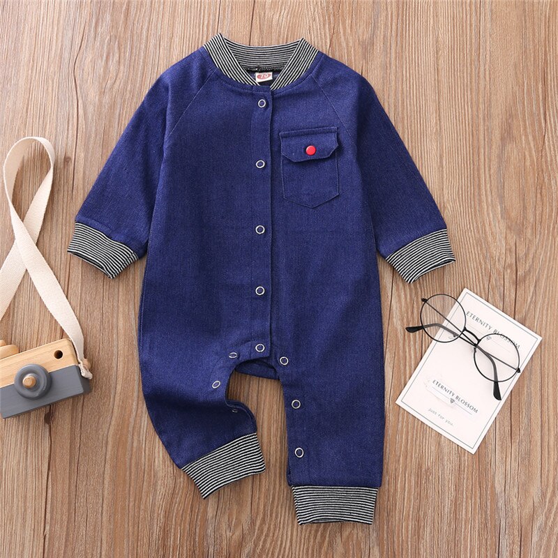Baby Casual Wear Lange Mouwen Denim Jumpsuit Met Terug Brief Afdrukken Voor Peuters Meisjes Jongens Herfst Lente Rompertjes 0-12 Maanden