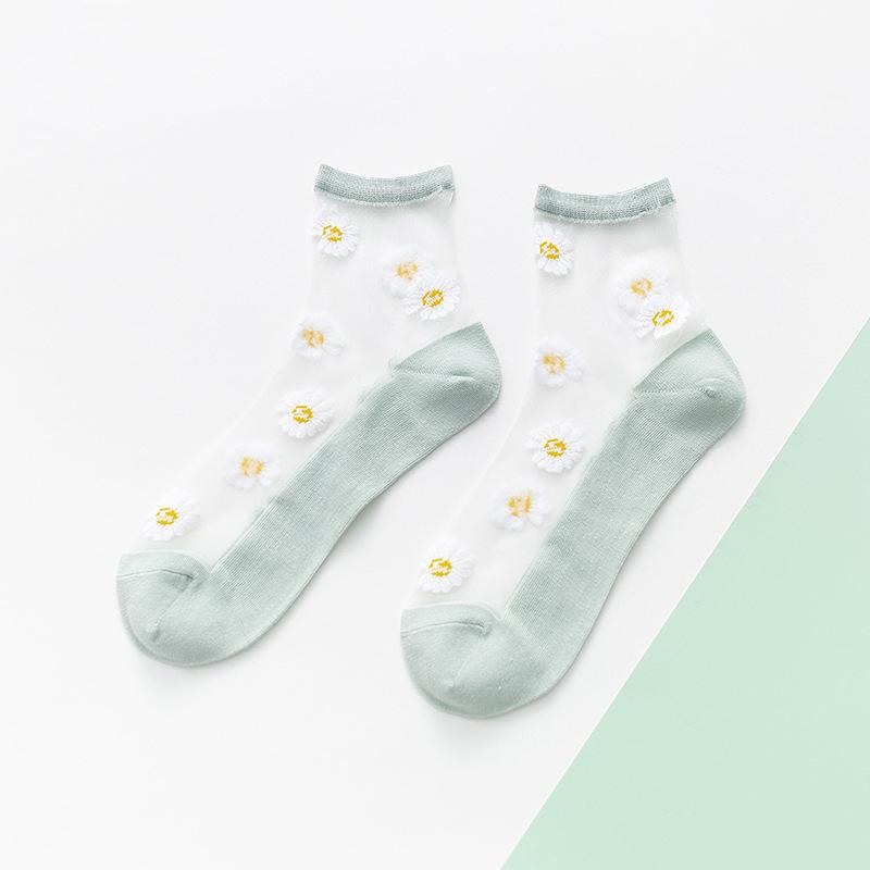 Small Daisy Sheer Tulle Floral Ankle Socks Women Best Mesh Transparent Girls Cute Black White Sheer Lace Nylon Socks Target Pop: Light Green